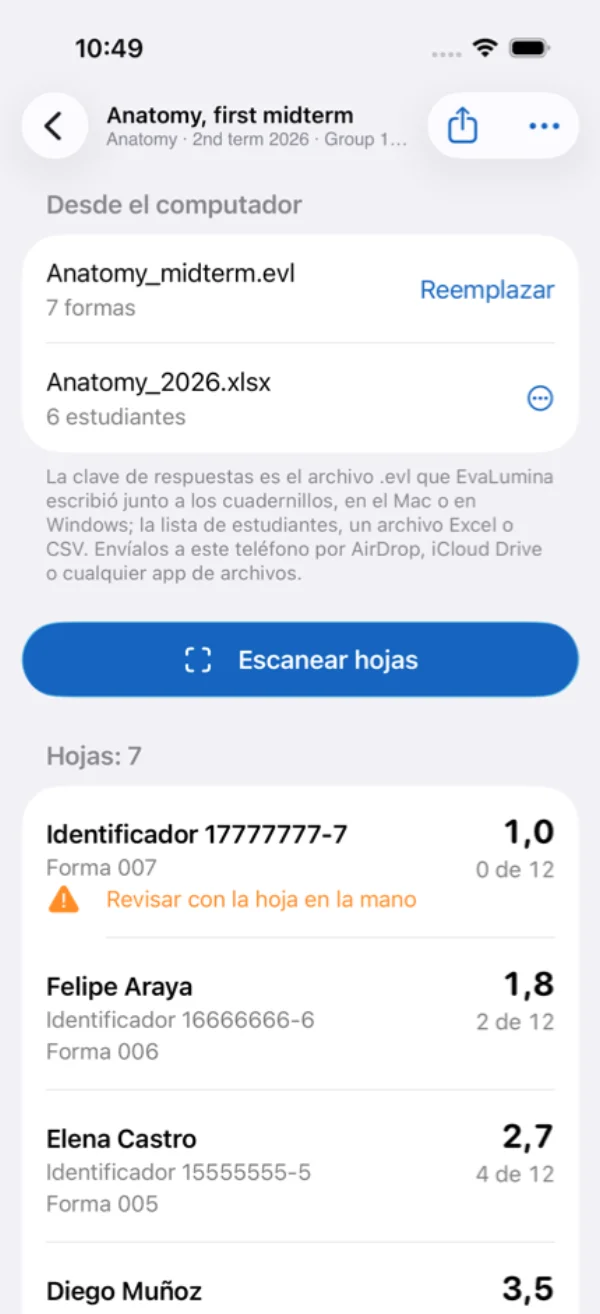 Una evaluación en el teléfono con sus calificaciones