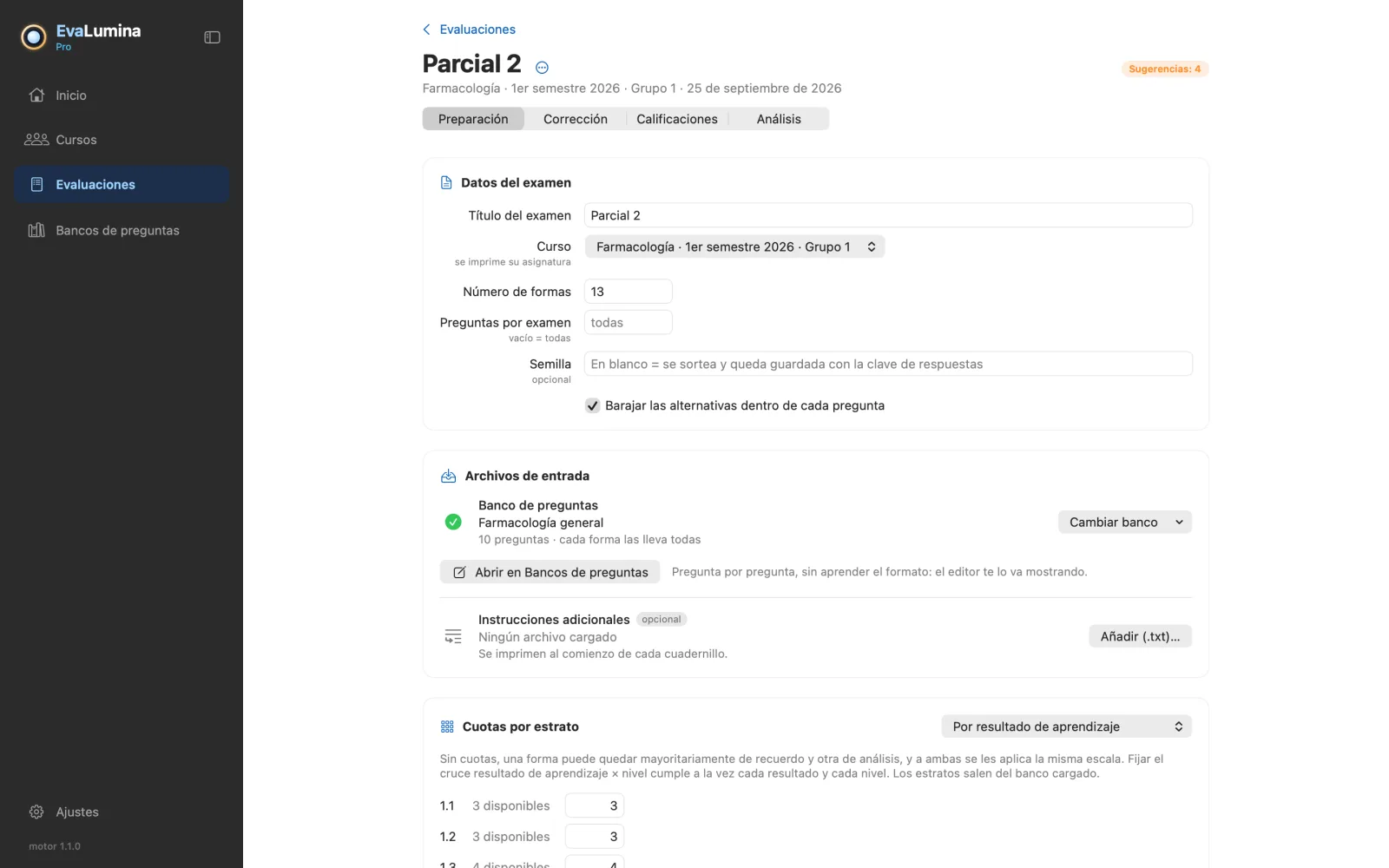 La preparación de un examen en EvaLumina: el número de formas, el banco de preguntas y las cuotas por resultado de aprendizaje