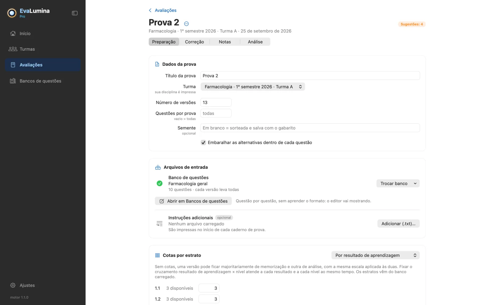 A preparação de uma prova no EvaLumina: o número de versões, o banco de questões e as cotas por resultado de aprendizagem